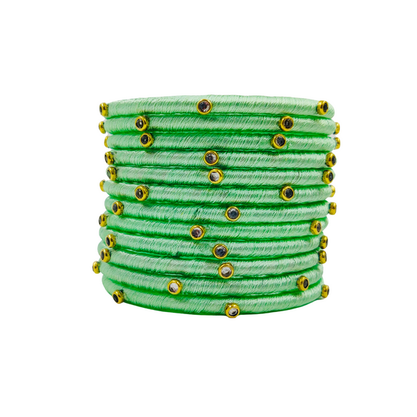 Yaalz Silk Thread Kundan Stone Weightless Dozen 2mm Thin Bangles In Assorted Colors - Colors Set 2
