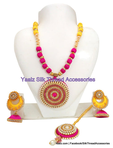 silk thread jewelry Bangle Earring Jumka-Yaalz Traditional Neckset & Matching Jumka in Mango Yellow With Dark Pink Colors-YAALZ