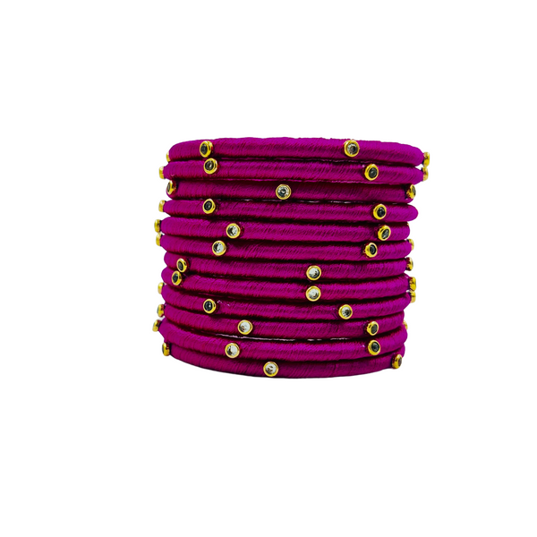 Yaalz Silk Thread Kundan Stone Weightless Dozen 2mm Thin Bangles In Assorted Colors - Colors Set 3