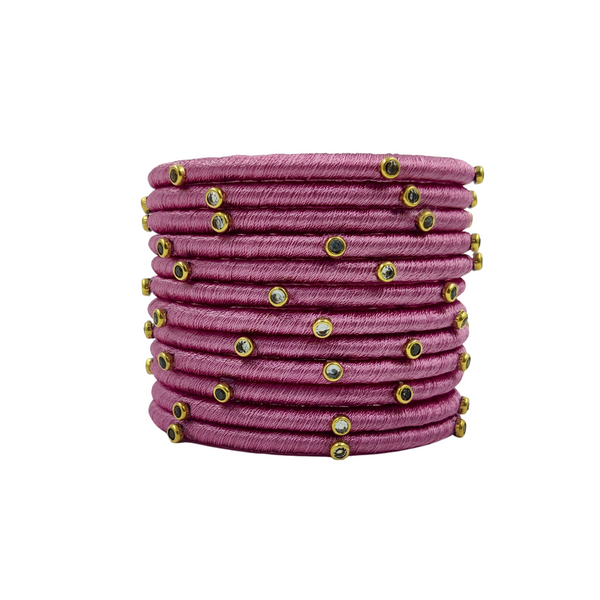 Yaalz Silk Thread Kundan Stone Weightless Dozen 2mm Thin Bangles In Assorted Colors - Colors Set 3
