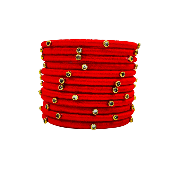 Yaalz Silk Thread Kundan Stone Weightless Dozen 2mm Thin Bangles In Assorted Colors - Colors Set 1