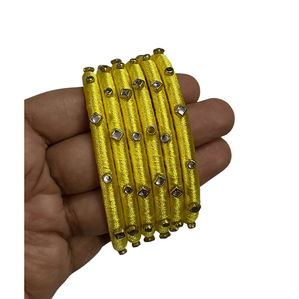 Yaalz Silk Thread 6pcs Simple Kundan Stone Bangle Sets In Assorted Colors-Design Set 3