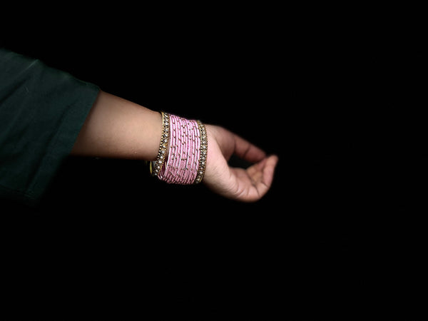 Yaalz Silk Threaded Metal Thin Set Bangles with stone corners In Assorted Colors