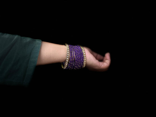 Yaalz Silk Threaded Metal Thin Set Bangles with stone corners In Assorted Colors