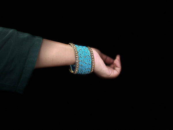 Yaalz Silk Threaded Metal Thin Set Bangles with stone corners In Assorted Colors