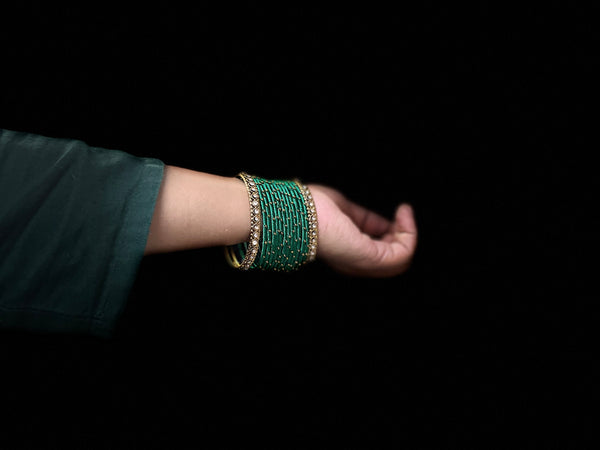 Yaalz Silk Threaded Metal Thin Set Bangles with stone corners In Assorted Colors