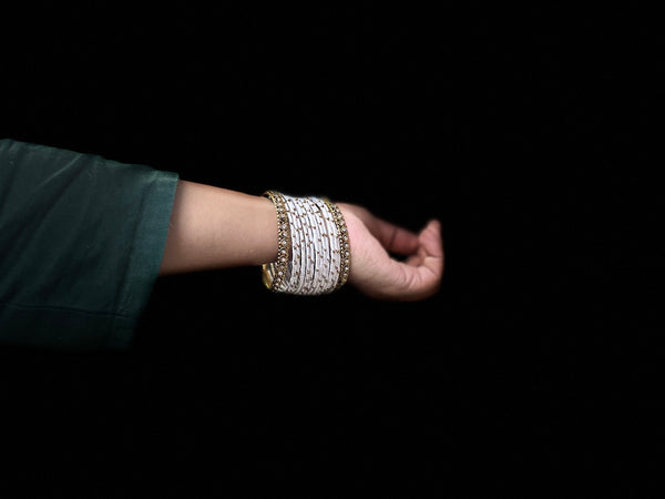 Yaalz Silk Threaded Metal Thin Set Bangles with stone corners In Assorted Colors