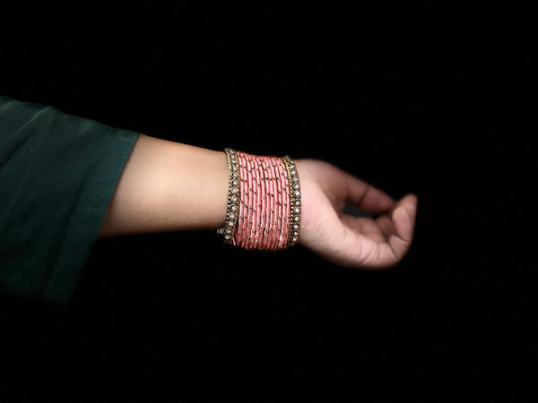 Yaalz Silk Threaded Metal Thin Set Bangles with stone corners In Assorted Colors