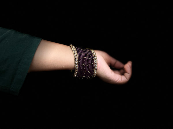 Yaalz Silk Threaded Metal Thin Set Bangles with stone corners In Assorted Colors