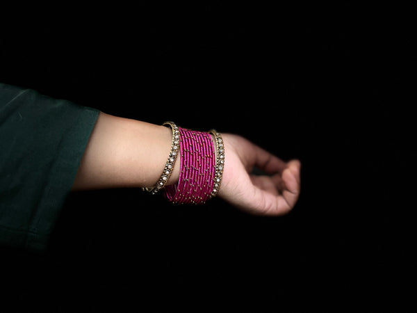 Yaalz Silk Threaded Metal Thin Set Bangles with stone corners In Assorted Colors