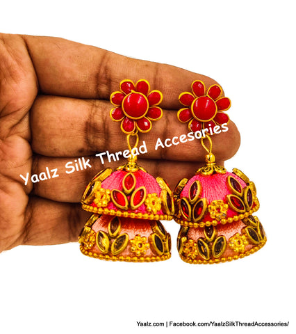Yaalz Silk Thread Kundan Stone Work 2 Layer Jhumka Earrings With Flower Stud In Pink & Peach Colors