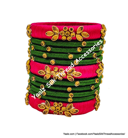 Yaalz Silk Thread Kundan Stone 11Pcs Bangle Set In Pink & Pine Green Colors