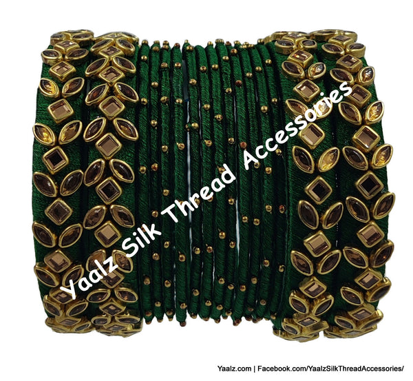 Yaalz Silk Thread Kundan Stone 16Pcs Metal Heavy Bangle Set In Multiple Colors