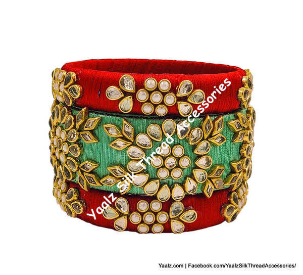 Yaalz Silk Thread Heavy Antique Gold Kundan Stone 3Pcs Bangle Sets In Assorted Colors - Set 1