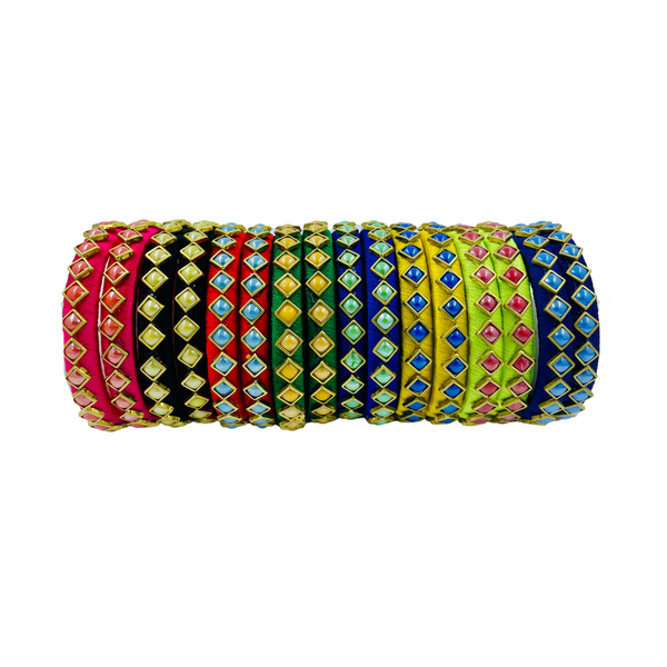 Yaalz Silk Thread Square Kundan Stone Work Pair Bangles In Multiple Colors