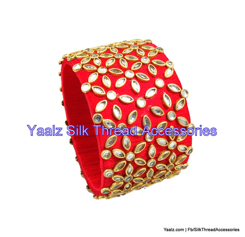 silk thread jewelry Bangle Earring Jumka-Yaalz Jumbo Kada With Heavy Kundan Stone Work In Red Color-YAALZ