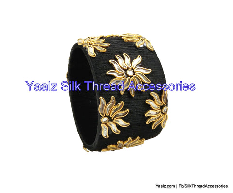 silk thread jewelry Bangle Earring Jumka-Yaalz Jumbo Kada With Kundan Stone Work In Black Color-YAALZ