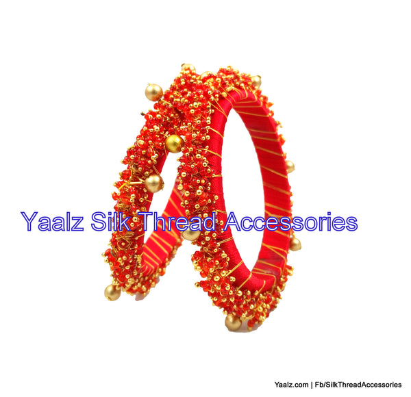 silk thread jewelry Bangle Earring Jumka-Yaalz Rich Pearl Bangle Set In Red Color-YAALZ