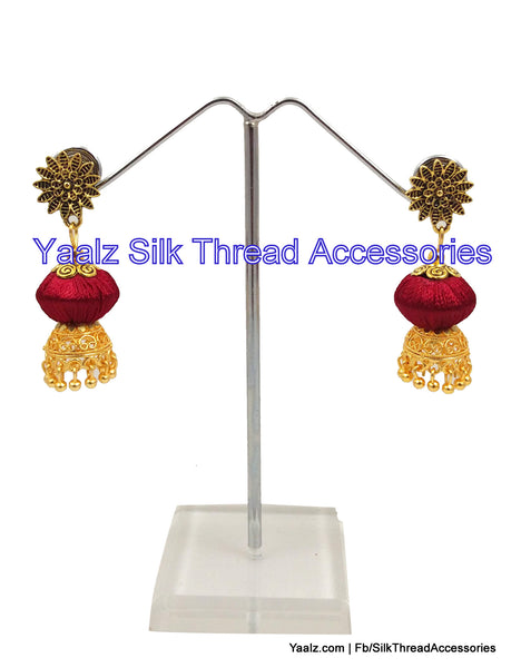 silk thread jewelry Bangle Earring Jumka-Yaalz Bicone Model Antique Earring in Maroon Color-YAALZ