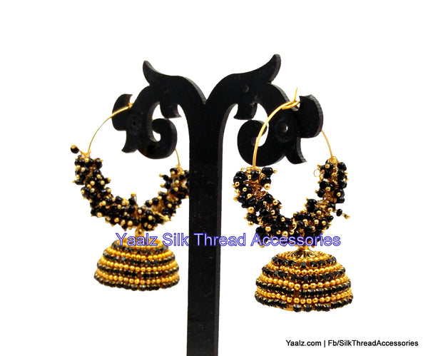 silk thread jewelry Bangle Earring Jumka-Yaalz Heavy Stone Bali Hoop Jhumka In Black Color-YAALZ