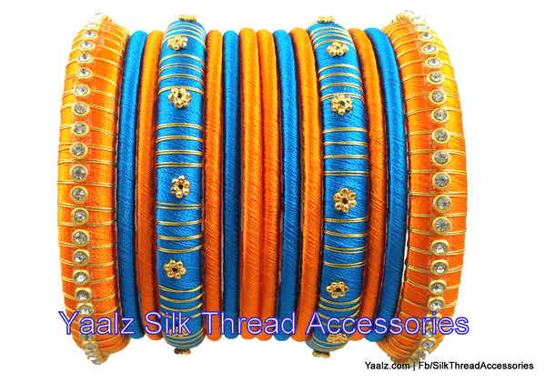silk thread jewelry Bangle Earring Jumka-Yaalz Zari Thread Worked Bangle Set In Orange & Teal Blue Colors-YAALZ