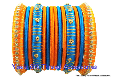 silk thread jewelry Bangle Earring Jumka-Yaalz Zari Thread Worked Bangle Set In Orange & Teal Blue Colors-YAALZ