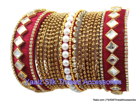 silk thread jewelry Bangle Earring Jumka-Yaalz Heavy Kundan Stone Partywear Bangle Set In Maroon Color-YAALZ