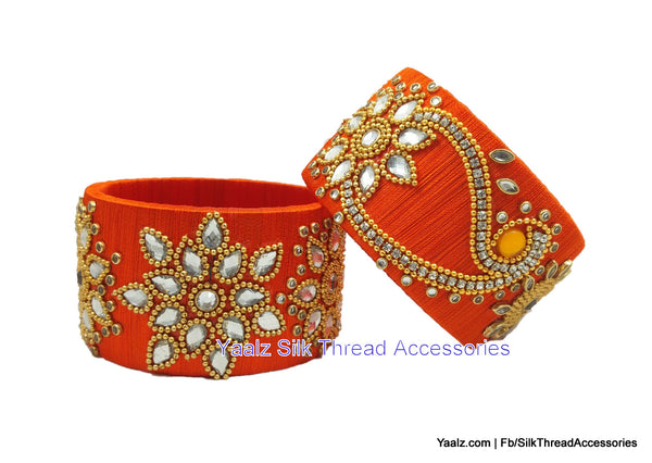 silk thread jewelry Bangle Earring Jumka-Yaalz Jumbo Kada Set With Kundan Stone Work In Orange Color-YAALZ