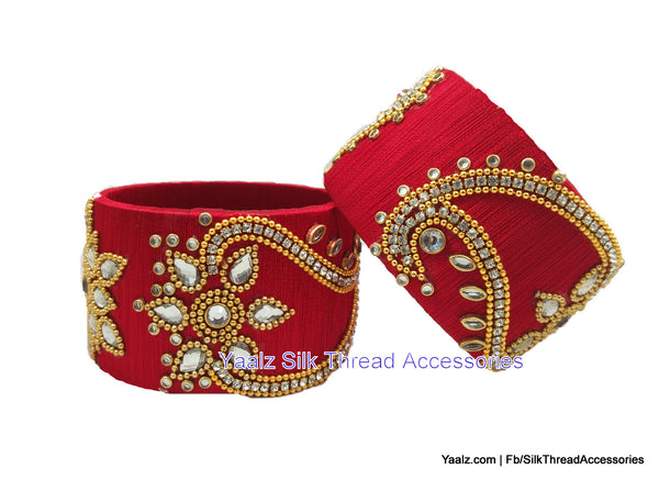silk thread jewelry Bangle Earring Jumka-Yaalz Jumbo Kada Set With Kundan Stone Work In Red Color-YAALZ