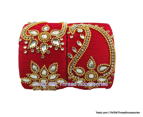 silk thread jewelry Bangle Earring Jumka-Yaalz Jumbo Kada Set With Kundan Stone Work In Red Color-YAALZ