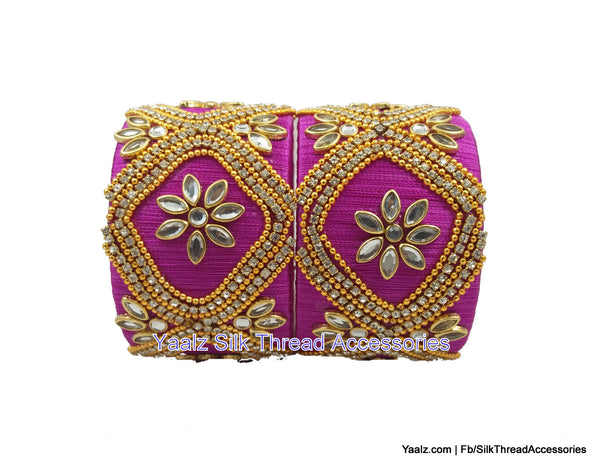 silk thread jewelry Bangle Earring Jumka-Yaalz Jumbo Kada With Kundan Stone Work In Magenta Color-YAALZ