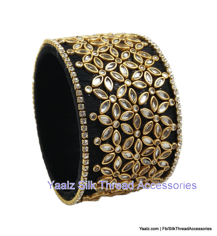 silk thread jewelry Bangle Earring Jumka-Yaalz Jumbo Kada With Heavy Kundan Stone Work In Black Color-YAALZ