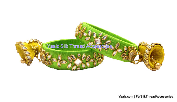 silk thread jewelry Bangle Earring Jumka-Yaalz Heavy Kundan Stone Work Bangles Set With Hangings In Green Colors-YAALZ