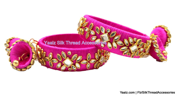 silk thread jewelry Bangle Earring Jumka-Yaalz Heavy Kundan Stone Work Bangles Set With Hangings In Pink Color-YAALZ