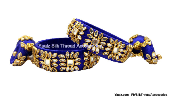 silk thread jewelry Bangle Earring Jumka-Yaalz Heavy Kundan Stone Work Bangles Set With Hangings In Royal Blue Color-YAALZ