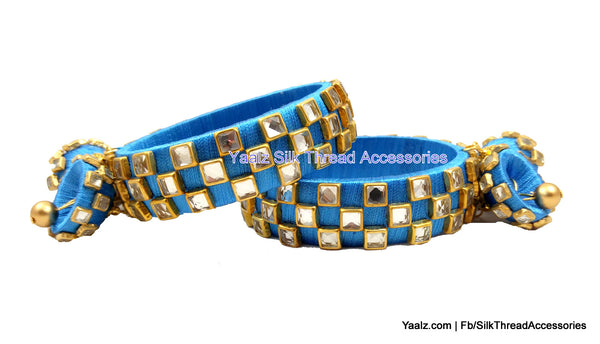 silk thread jewelry Bangle Earring Jumka-Yaalz Heavy Kundan Square Stone Work Bangles Set With Hangings In Copper Sulphate Blue Color-YAALZ